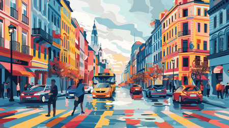 Vibrant illustration of a bustling city street with pedestrians, vehicles, and colorful buildings. An urban atmosphere filled with movement and life.のイラスト素材