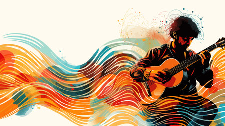 Abstract image of a guitarist immersed in a vibrant wave of colors, symbolizing musical creativity and passion.のイラスト素材