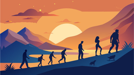 Silhouetted family with dogs on a hike against a stunning sunset and mountain backdrop, depicting outdoor adventure and bonding.のイラスト素材