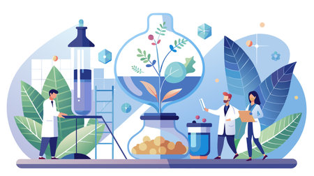 Illustration of a team of scientists conducting research in a laboratory with plants and eco-friendly equipment.のイラスト素材