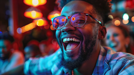 Focused man raising hand at a lively auction, determined amidst illuminated, colorful bidding environmentの素材