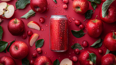 Invigorating freshly pressed apple juice in a can, surrounded by whole red apples with water droplets on a vivid red background.の素材