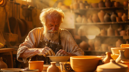 An experienced potter creates pottery on a wheel, surrounded by shelves of earthenware in a brightly lit workshop.の素材