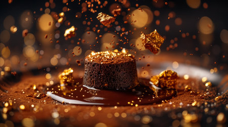 An indulgent chocolate dessert on a dark plate, adorned with gold leaf and chocolate sauce, captures a luxurious and decadent mood.の素材
