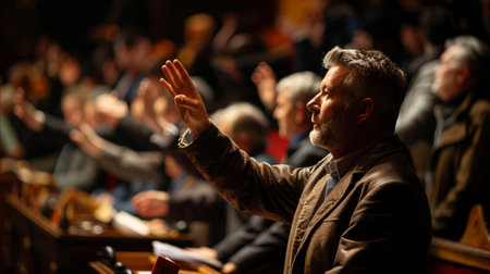 Focused man with raised hand placing a bid in a busy auction room filled with potential buyers under warm lighting.の素材
