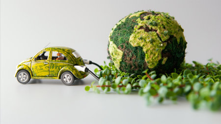 A concept image depicting an electric car charging from a moss-covered globe, symbolizing environmental protection and sustainable energy.の素材