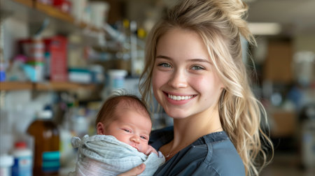 A cheerful Caucasian female nurse in her 20s with blonde hair smiling as she lovingly holds a newborn baby in a clinical setting.の素材