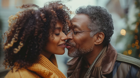 Two adults, a man and a woman, share a tender kiss in a cozy autumn setting, conveying love, affection, and a warm atmosphere.の素材