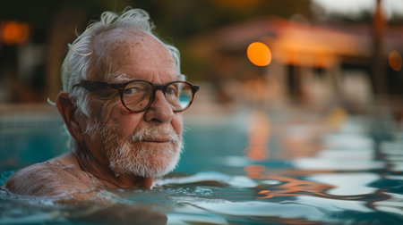 An elderly man relaxes in the calm waters of a community swimming pool at dusk, embodying peace and leisure.の素材