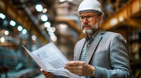 Focused businessman in hard hat examining paperwork in a busy industrial environment, showing attention to detail.の素材