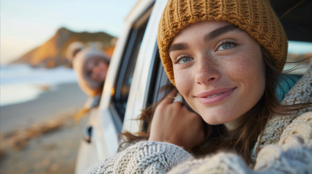 A 25-year-old Caucasian female with brown hair, wearing a beanie, relaxes in a car by the beach, embracing the serene atmosphere.の素材