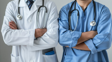 A close-up of two medical staff in white and blue lab coats standing confidently with their arms crossed over their chests.の素材