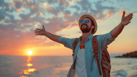 Happy Caucasian male in his 30s with a beard, wearing a hat and backpack, feeling free while embracing a scenic sunset by the sea.の素材