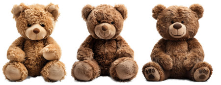 A set of three adorable teddy bears sitting in a row isolated on a pure white background, conveying warmth and comfort.の素材