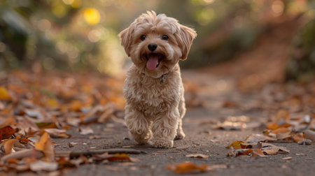 A charming small dog with a joyful expression runs along a path covered with fallen autumn leaves, bathed in warm sunlight, embodying happiness and carefree energy.の素材