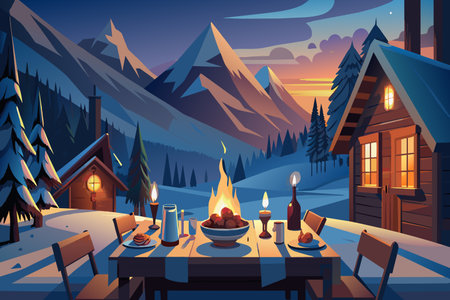 A mountain scene with a cabin and a table with food on it. The cabin is lit up with a fire, and there are chairs around the table. Scene is cozy and inviting, with the warmth of the fireのイラスト素材