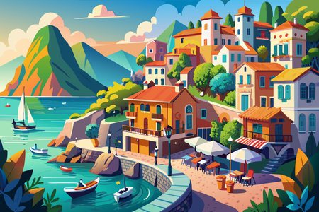 A painting of a small town with a sailboat in the water. The mood of the painting is peaceful and sereneのイラスト素材
