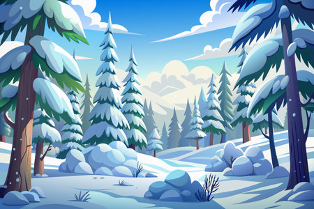 A snowy forest with trees covered in snow. The sky is clear and blue, and the trees are tall and majestic. The scene is peaceful and serene, with the snow covering the groundのイラスト素材