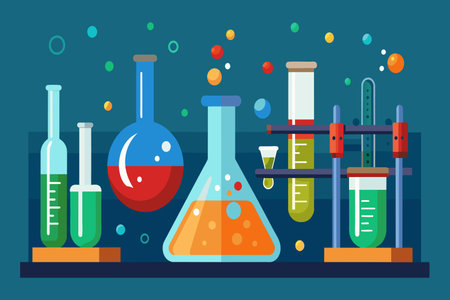 A colorful collection of glassware, including beakers, flasks, and test tubes, arranged on a table. Concept of curiosity and scientific explorationのイラスト素材