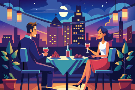 A man and woman are sitting at a table with wine glasses and a bottle of wine. They are dressed up and enjoying a romantic dinner togetherのイラスト素材