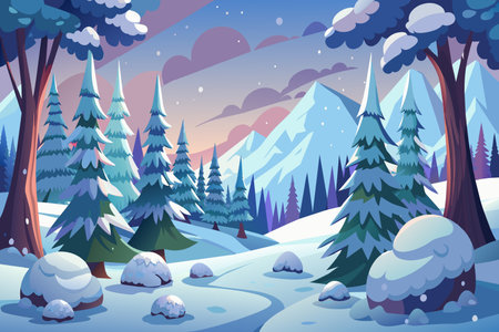 A snowy landscape with trees and mountains in the background. The scene is peaceful and serene, with the snow covering the ground and the trees standing tallのイラスト素材