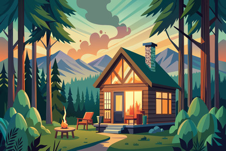 A cabin in the woods with a fireplace and a view of mountains. The cabin is surrounded by trees and has a cozy, rustic feelのイラスト素材
