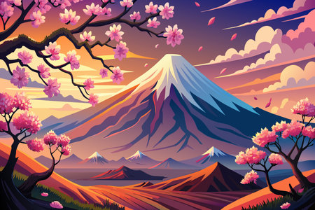 A mountain range with a pink and purple sky in the background. The mountains are covered in snow and the trees are pinkのイラスト素材