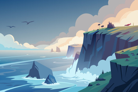 A computer generated image of a rocky shoreline with a cliff in the background. The sky is cloudy and the water is choppyのイラスト素材