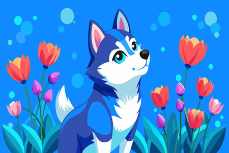 A blue husky dog is standing in front of a field of flowers. The dog is looking at the camera with a smile on its face. The flowers are pink and purple, and they are scattered throughout the fieldのイラスト素材