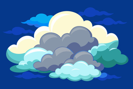 A blue sky with a few clouds and a moon. The clouds are mostly gray and the moon is whiteのイラスト素材