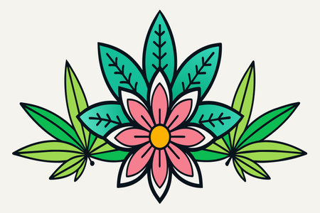 A flower with green leaves and pink petals. The flower is the main focus of the imageのイラスト素材