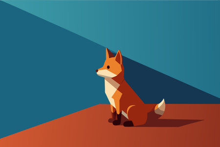A cartoon fox is sitting on a brown surface. The fox is looking for the right. The background is...