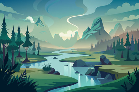 A mountain range with a river running through it. The sky is cloudy and the mountains are covered in treesのイラスト素材