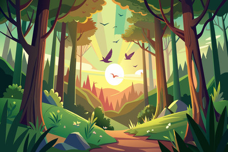 A cartoonish drawing of a forest with a sun in the sky and birds flying aroundのイラスト素材