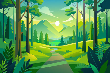 A green forest with a path leading through it. The path is surrounded by trees and the sky is blueのイラスト素材
