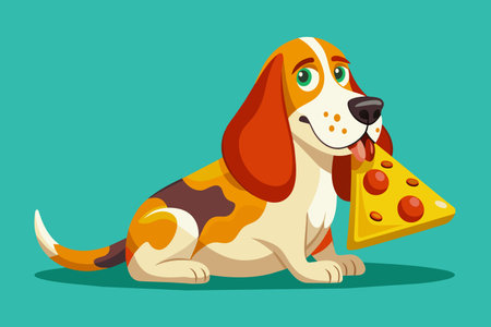 A cartoon dog is holding a slice of pizza in its mouth. The dog is smiling and he is enjoying the pizzaのイラスト素材