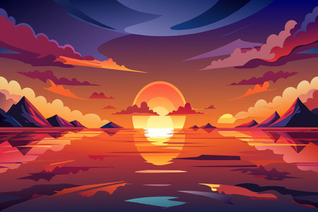 A beautiful sunset over a calm lake with mountains in the background. The sky is filled with clouds, creating a serene and peaceful atmosphereのイラスト素材