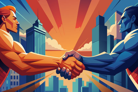 Two men shaking hands in front of a city skyline. Concept of unity and cooperation between the two men, despite their differencesのイラスト素材