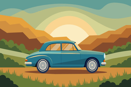 A blue car is driving down a road in a mountainous area. The car is parked on the side of the road, and the mountains in the background create a serene and peaceful atmosphereのイラスト素材