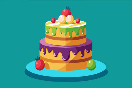 A cake with green frosting and purple frosting on top of it. The cake is on a blue plate
