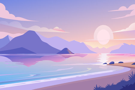 A serene and peaceful beach scene with a mountain range in the background. The sky is a mix of purple and blue, and the sun is setting, casting a warm glow over the waterのイラスト素材
