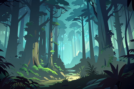 A forest scene with trees and a pathのイラスト素材
