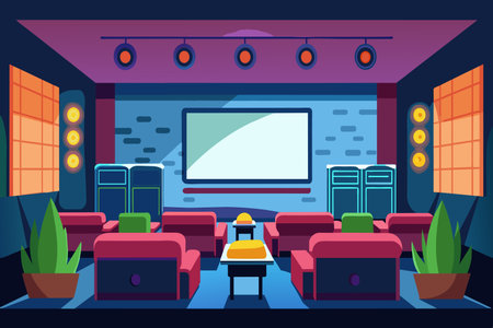 A cartoonish room with a large flat screen TV and a few couches. The room is dimly lit and has a futuristic vibeのイラスト素材