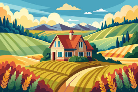 A house sits on a hill in a rural area with a road leading to it. The house is surrounded by trees and a field of crops. The scene is peaceful and sereneのイラスト素材