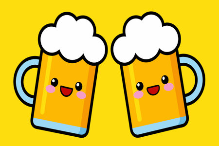 Two cartoonish cups with white foam on top, one of which has a smiley face. The image is yellow and has a playful, lighthearted moodのイラスト素材