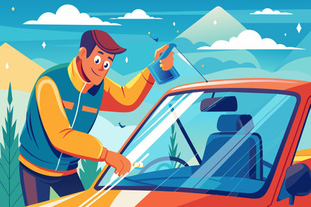 A man is cleaning the windshield of a car. The man is smiling and he is enjoying the task. The car is parked in a forest, with trees in the background. Concept of relaxation and leisureのイラスト素材