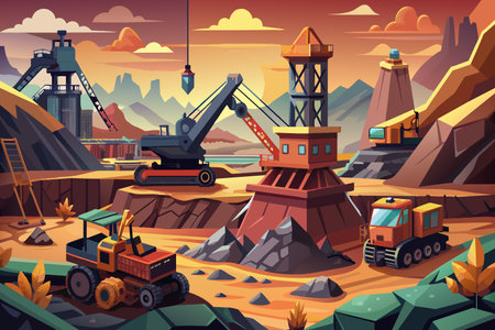 A cartoonish drawing of a construction site with a large crane and a number of other construction vehiclesのイラスト素材