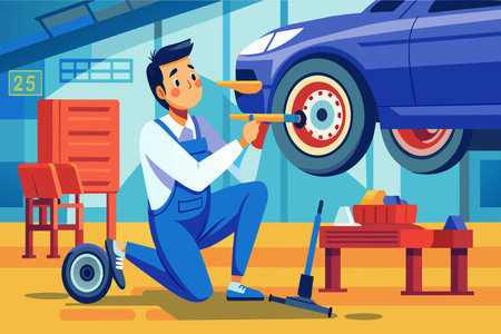 A man is working on a car in a garage. He is kneeling down and fixing the car's tiresのイラスト素材