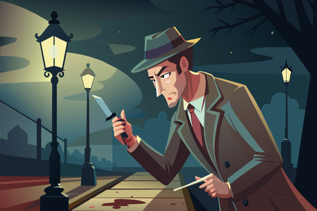 A man is holding a knife and looking at something on the ground. The scene is set at night and the man is dressed in a suitのイラスト素材