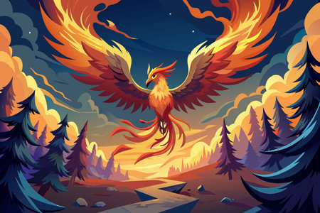 A colorful, pixelated bird with red and orange feathers flies over a forest. The bird is surrounded...